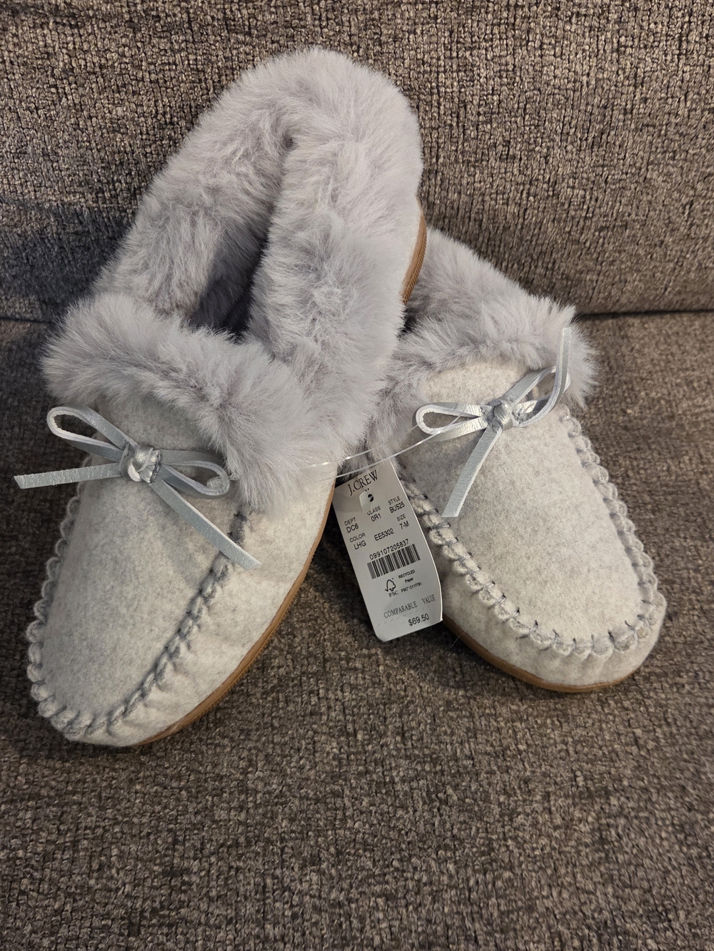 J. Crew Light Gray Faux Fur Moccasin Slippers with Bow